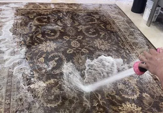 A patterned rug being hand washed and rinsed