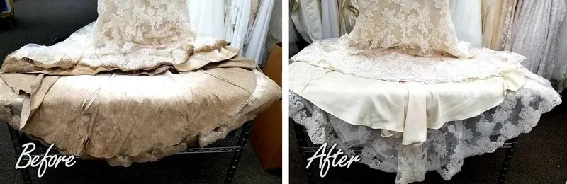 A wedding gown hem shown before and after cleaning