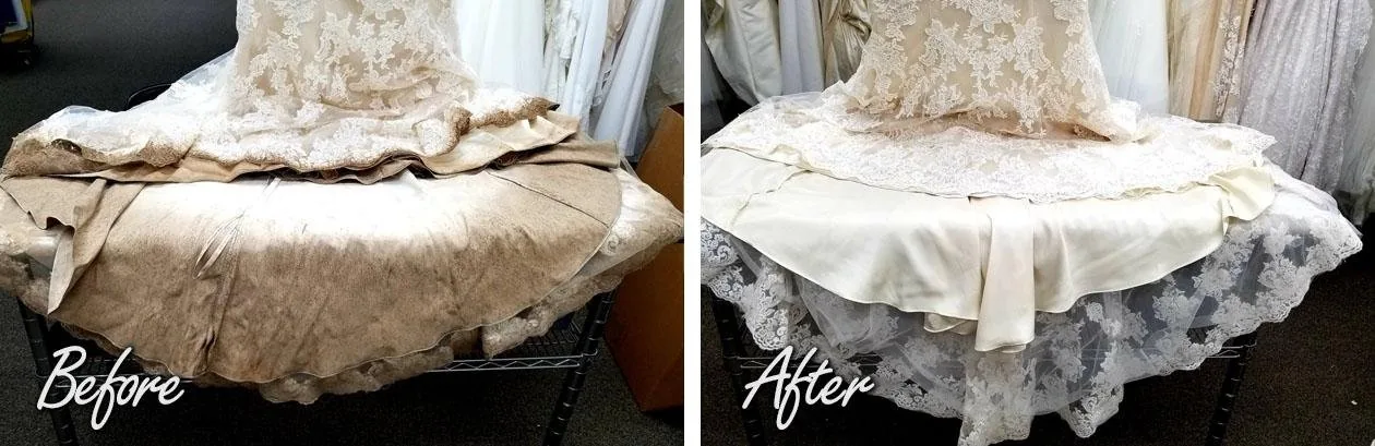 Before and after wedding gown restoration and cleaning at Metrocrest